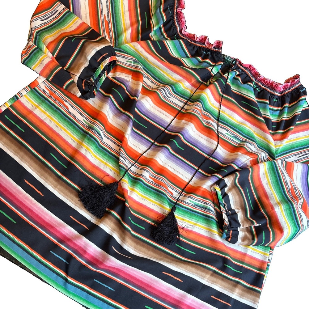 LAUREN RALPH LAUREN BLOUSE BOHO AZTEC STRIPE 3/4 PEASANT SLEEVE 2x